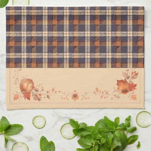 Autumn Leaves and Flowers on Plaid Tea Towel (Folded)