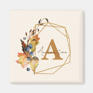 Autumn leaves and gold frame personalised magnet