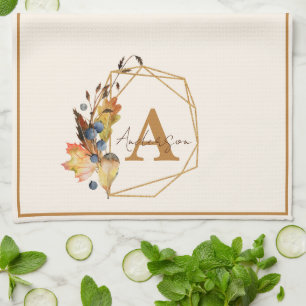 Autumn leaves and gold frame personalised  tea towel