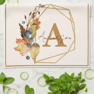 Autumn leaves and gold frame personalised tea towel