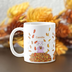 Autumn Leaves and Graceful Cat Personalised Mug