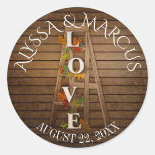 Autumn Leaves and Ladder Rustic Wedding Classic Round Sticker