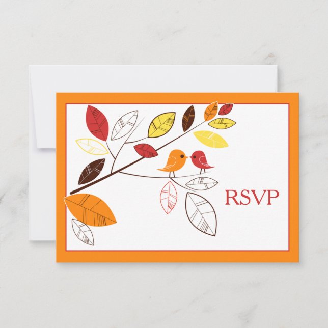 Autumn Leaves and Love Birds Wedding Reply Card (Front)