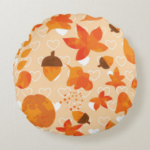 Autumn leaves and nuts. Lovely nature hand drawn i Round Cushion