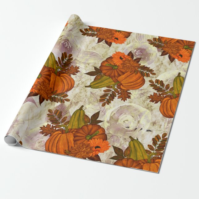 Autumn Leaves and Pumpkin Fall Pattern   Wrapping Paper (Unrolled)