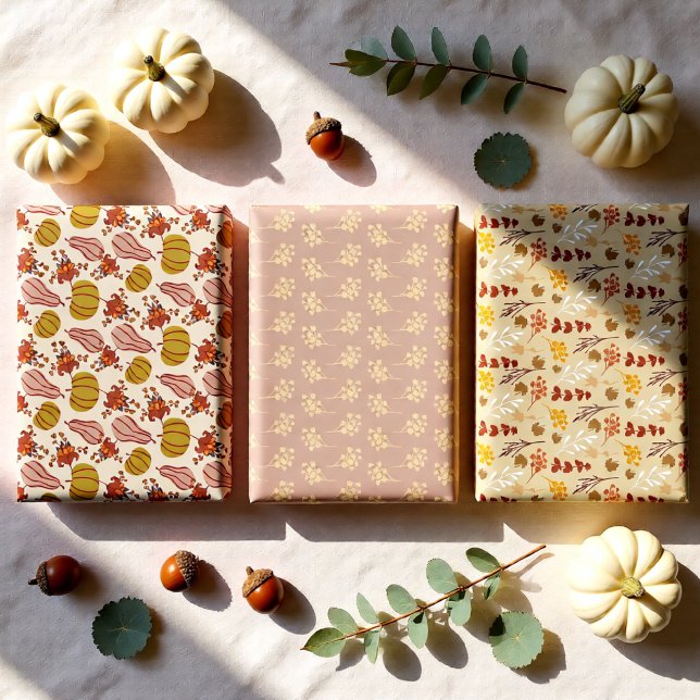 Autumn Leaves and Pumpkin harvest Wrapping Paper Sheet (Autumn Pumpkin and Floral Fall Set of 3 Wrapping Paper Sheets)