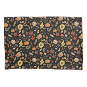 Autumn Leaves and Pumpkins in Black Thanksgiving Pillowcase