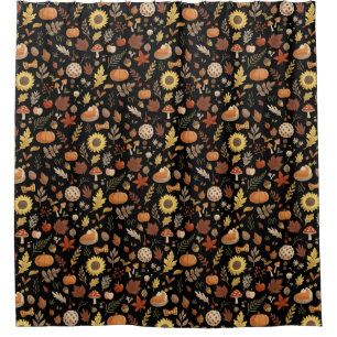 Autumn Leaves and Pumpkins in Black Thanksgiving Shower Curtain