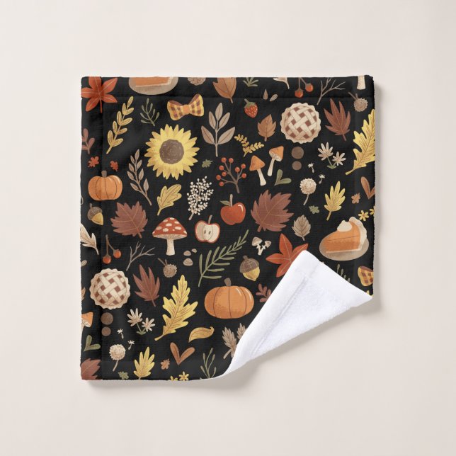 Autumn Leaves and Pumpkins in Black Thanksgiving Wash Cloth (Wash Cloth)