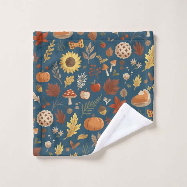 Autumn Leaves and Pumpkins in Navy Thanksgiving Wash Cloth (Wash Cloth)