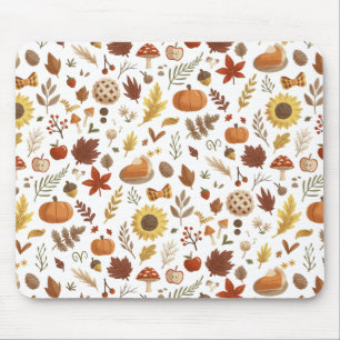 Autumn Leaves and Pumpkins in White Thanksgiving Mouse Mat