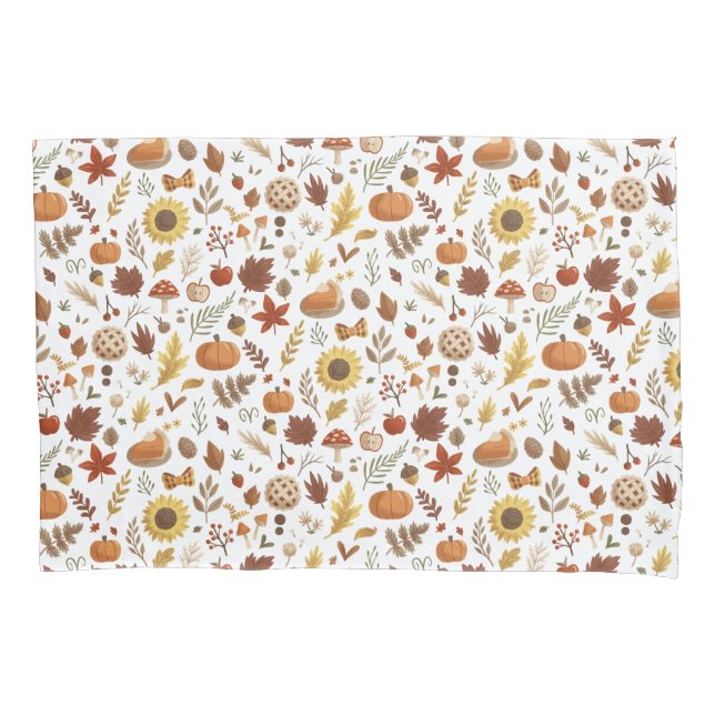 Autumn Leaves and Pumpkins in White Thanksgiving Pillowcase (Front)