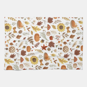 Autumn Leaves and Pumpkins in White Thanksgiving Tea Towel