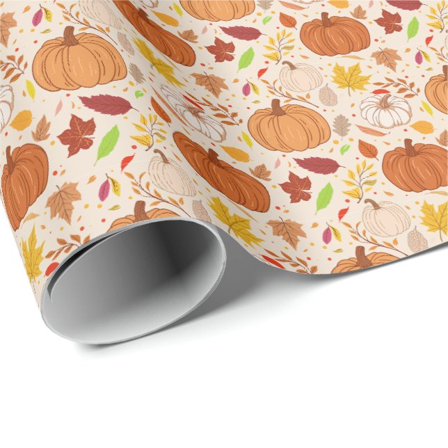 Autumn Leaves and Pumpkins Seamless Pattern. Wrapping Paper (Roll Corner)