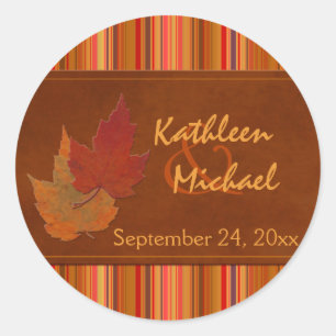 Autumn Leaves and Stripes 1.5" Wedding Sticker
