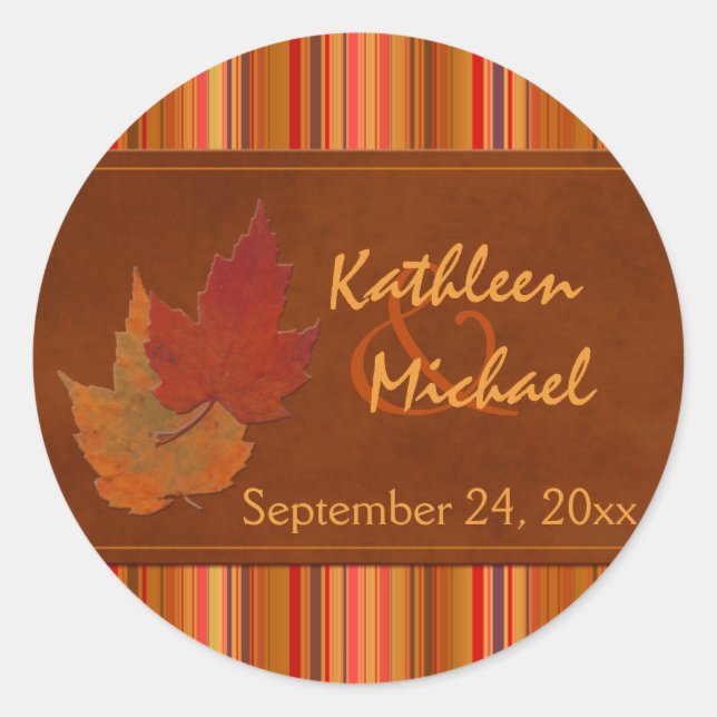 Autumn Leaves and Stripes 1.5" Wedding Sticker (Front)
