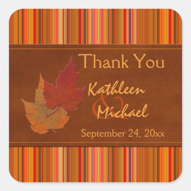Autumn Leaves and Stripes Wedding Favour Sticker (Front)