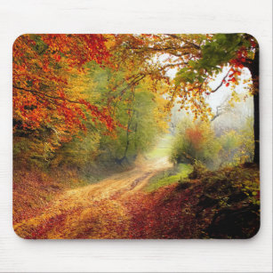 Autumn Leaves and Trees Covering Dirt Road Mouse Mat