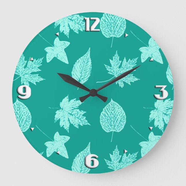 Autumn leaves - aqua and turquoise large clock (Front)