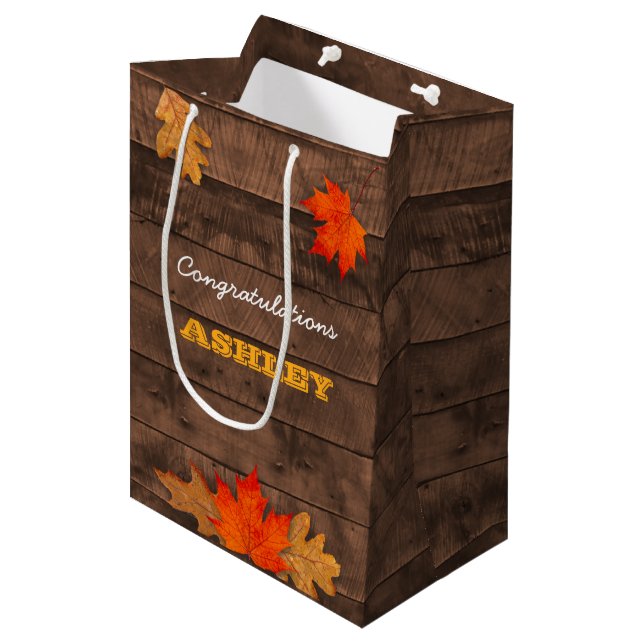 Autumn Leaves & Barnwood Personalised Gift Bag (Front Angled)
