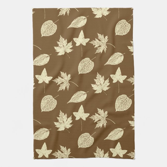 Autumn leaves - beige and chocolate brown  tea towel (Vertical)