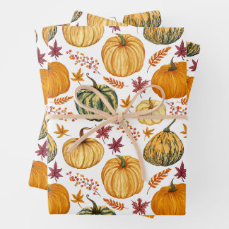 Autumn Leaves, Berries and Pumpkins Wrapping Paper Sheet