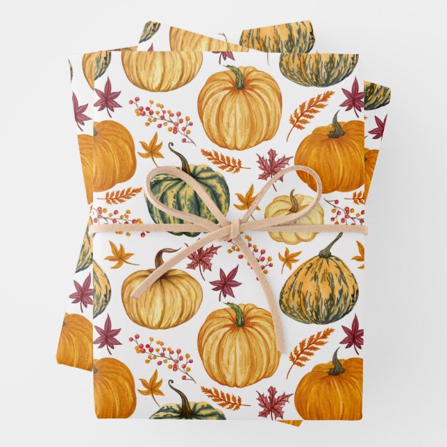 Autumn Leaves, Berries and Pumpkins  Wrapping Paper Sheet (In situ)