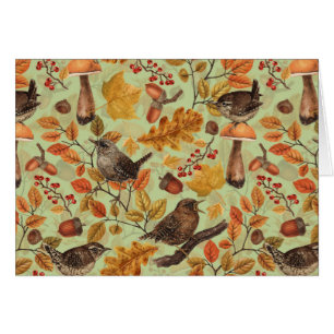 Autumn leaves, berries, mushrooms and wrens