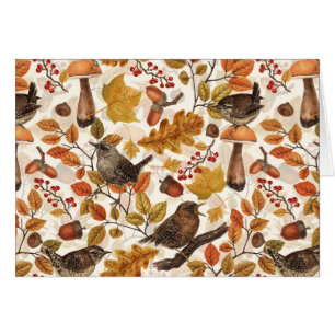 Autumn leaves, berries, mushrooms and wrens