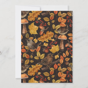 Autumn leaves, berries, mushrooms and wrens