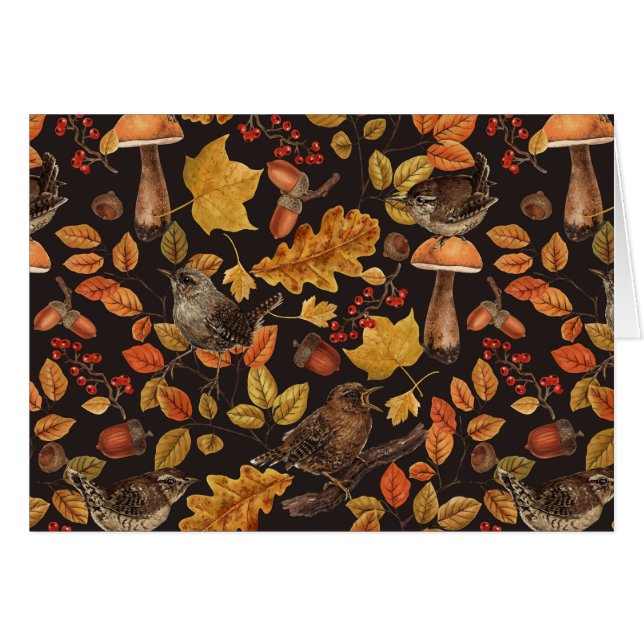 Autumn leaves, berries, mushrooms and wrens (Front Horizontal)