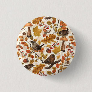 Autumn leaves, berries, mushrooms and wrens 3 cm round badge