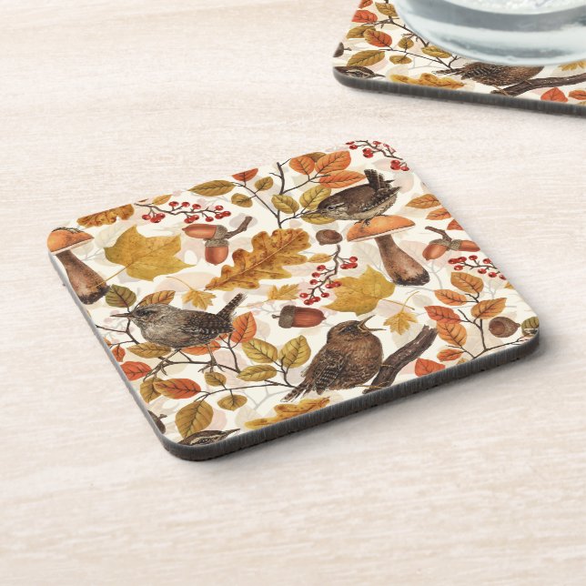 Autumn leaves, berries, mushrooms and wrens coaster (Left Side)