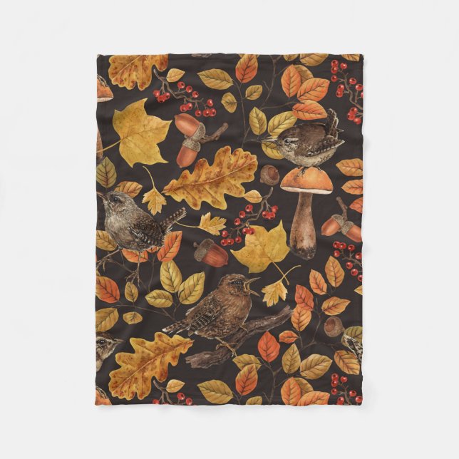 Autumn leaves, berries, mushrooms and wrens fleece blanket (Front)