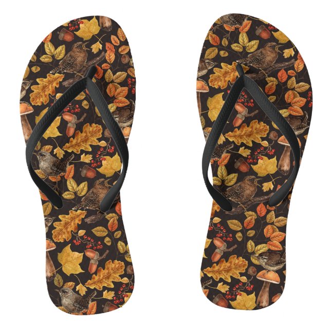 Autumn leaves, berries, mushrooms and wrens flip flops (Footbed)