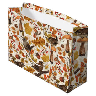 Autumn leaves, berries, mushrooms and wrens large gift bag