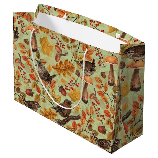 Autumn leaves, berries, mushrooms and wrens large gift bag (Back Angled)