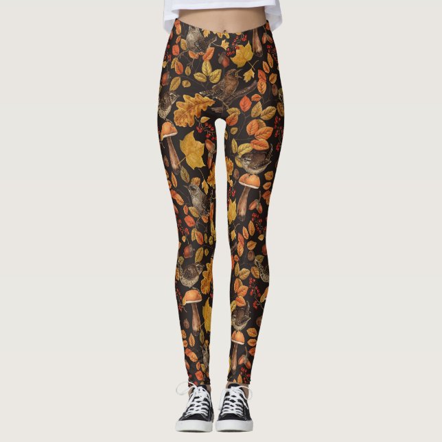 Autumn leaves, berries, mushrooms and wrens leggings (Front)