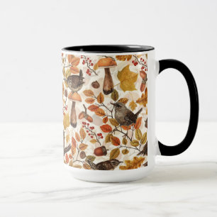 Autumn leaves, berries, mushrooms and wrens mug