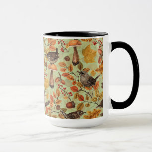 Autumn leaves, berries, mushrooms and wrens mug