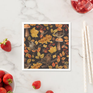 Autumn leaves, berries, mushrooms and wrens napkin