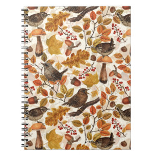 Autumn leaves, berries, mushrooms and wrens notebook
