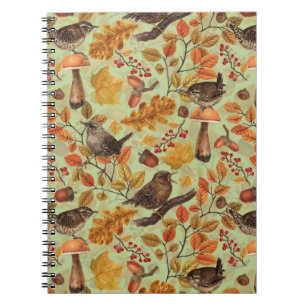 Autumn leaves, berries, mushrooms and wrens notebook