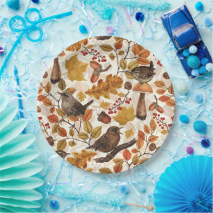 Autumn leaves, berries, mushrooms and wrens paper plate