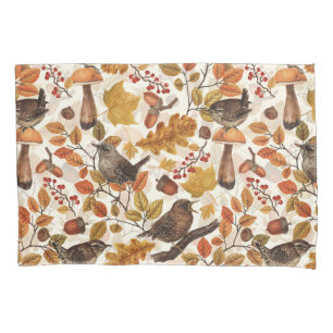 Autumn leaves, berries, mushrooms and wrens pillowcase