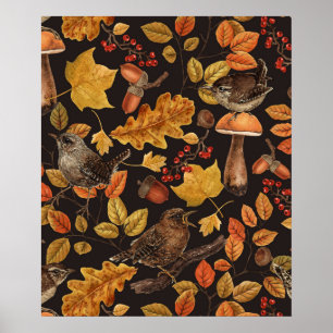 Autumn leaves, berries, mushrooms and wrens poster