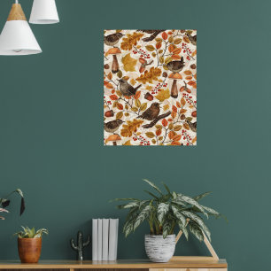 Autumn leaves, berries, mushrooms and wrens poster