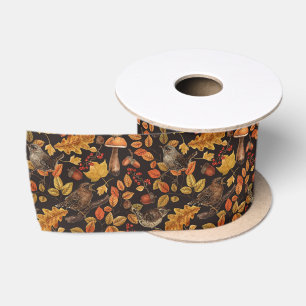 Autumn leaves, berries, mushrooms and wrens satin ribbon