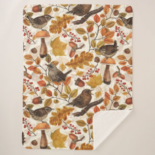 Autumn leaves, berries, mushrooms and wrens sherpa blanket