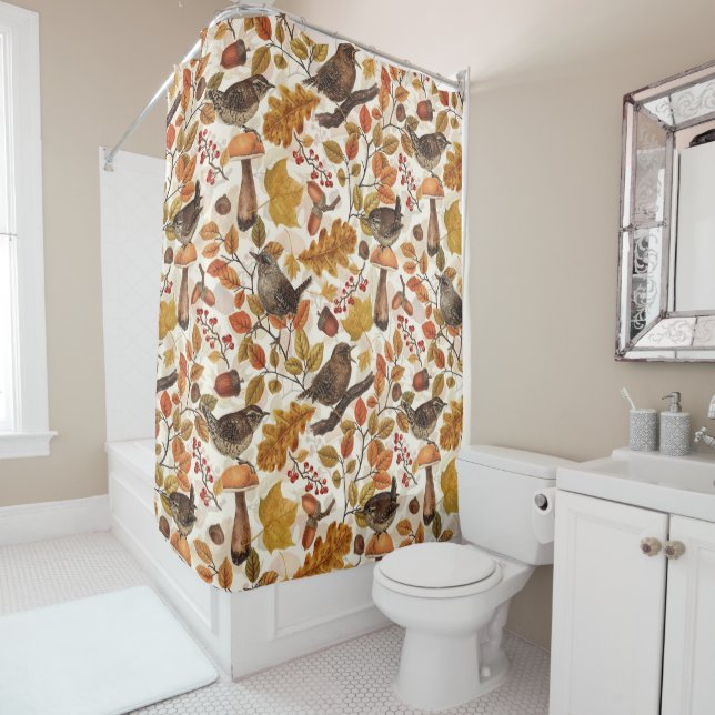 Autumn leaves, berries, mushrooms and wrens shower curtain (In Situ)